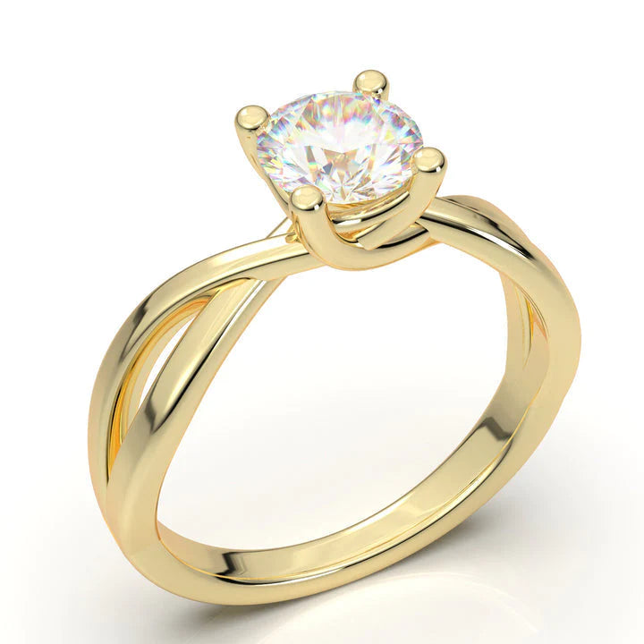 Anel Solitario Torcido De Ouro Amarelo 18k Diamante Brilhante 50pontos
