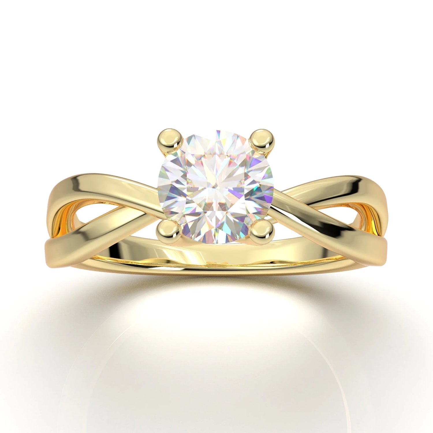 Anel Solitario Torcido De Ouro Amarelo 18k Diamante Brilhante 50pontos