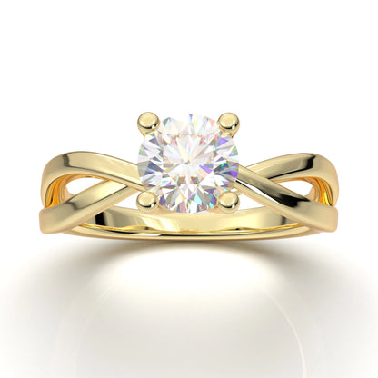 Anel Solitario Torcido De Ouro Amarelo 18k Diamante Brilhante 30pontos
