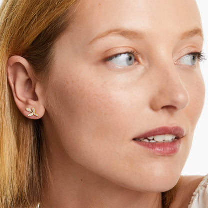 Brinco De Ouro 18k Feminino Três Folhas c/ Diamantes Delicado
