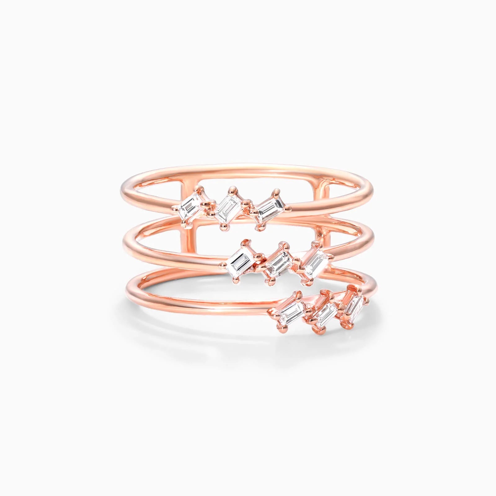 Anel De Três Fileira Ouro 18k Delicado Diamante Baguette