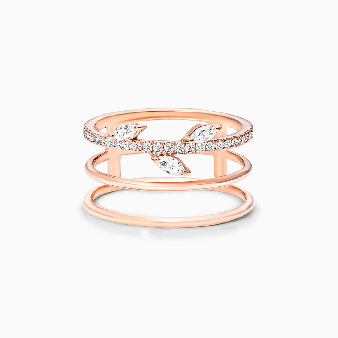 Anel De Três Fileira Ouro 18k Diamante Marquise e Brilhante