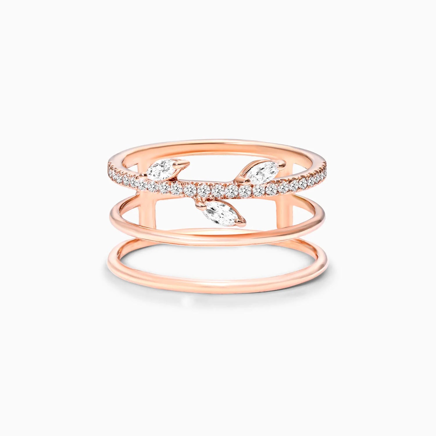Anel De Três Fileira Ouro 18k Diamante Marquise e Brilhante