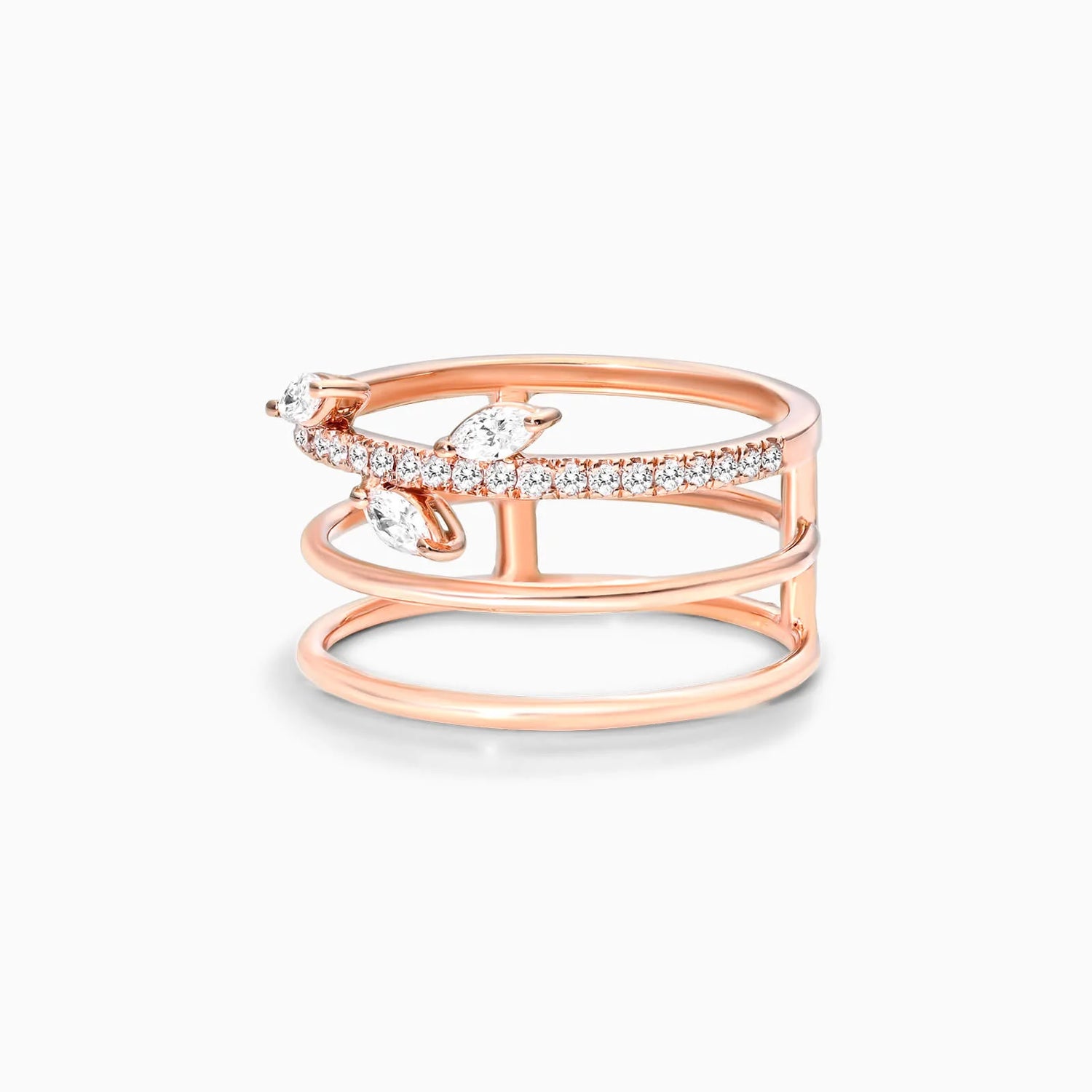 Anel De Três Fileira Ouro 18k Diamante Marquise e Brilhante
