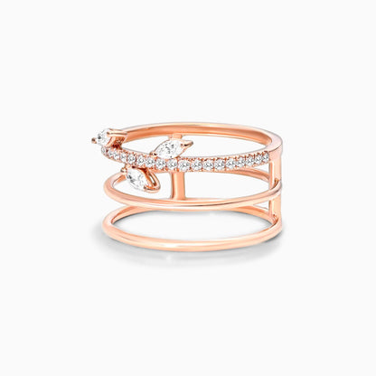 Anel De Três Fileira Ouro 18k Diamante Marquise e Brilhante