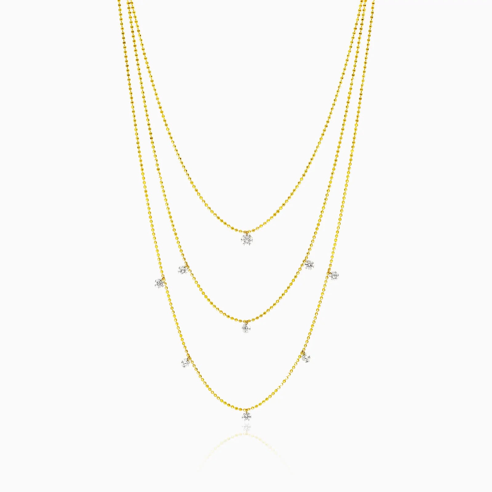 Corrente Feminina Contas De Ouro Amarelo 18k De Luxo Três Fios