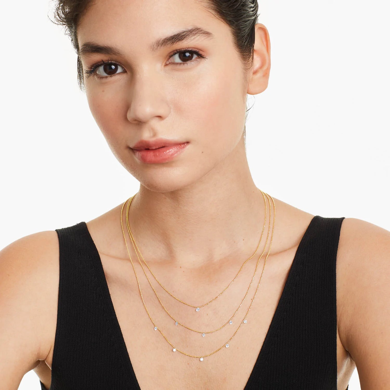 Corrente Feminina Contas De Ouro Amarelo 18k De Luxo Três Fios