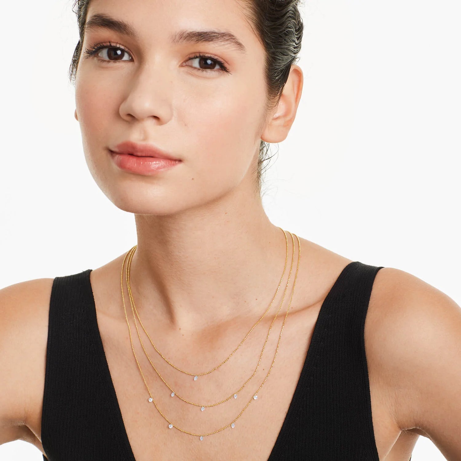 Corrente Feminina Contas De Ouro Amarelo 18k De Luxo Três Fios