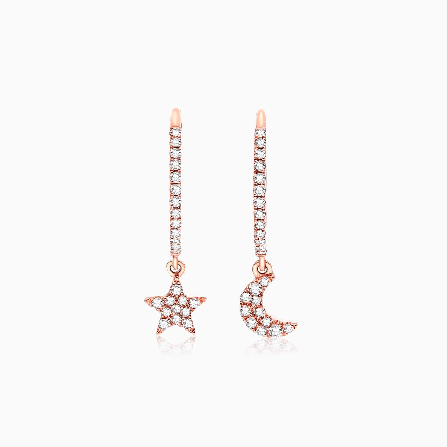 Brinco de  Ouro 18k feminino  Diamantes Lua e estrela Luxo