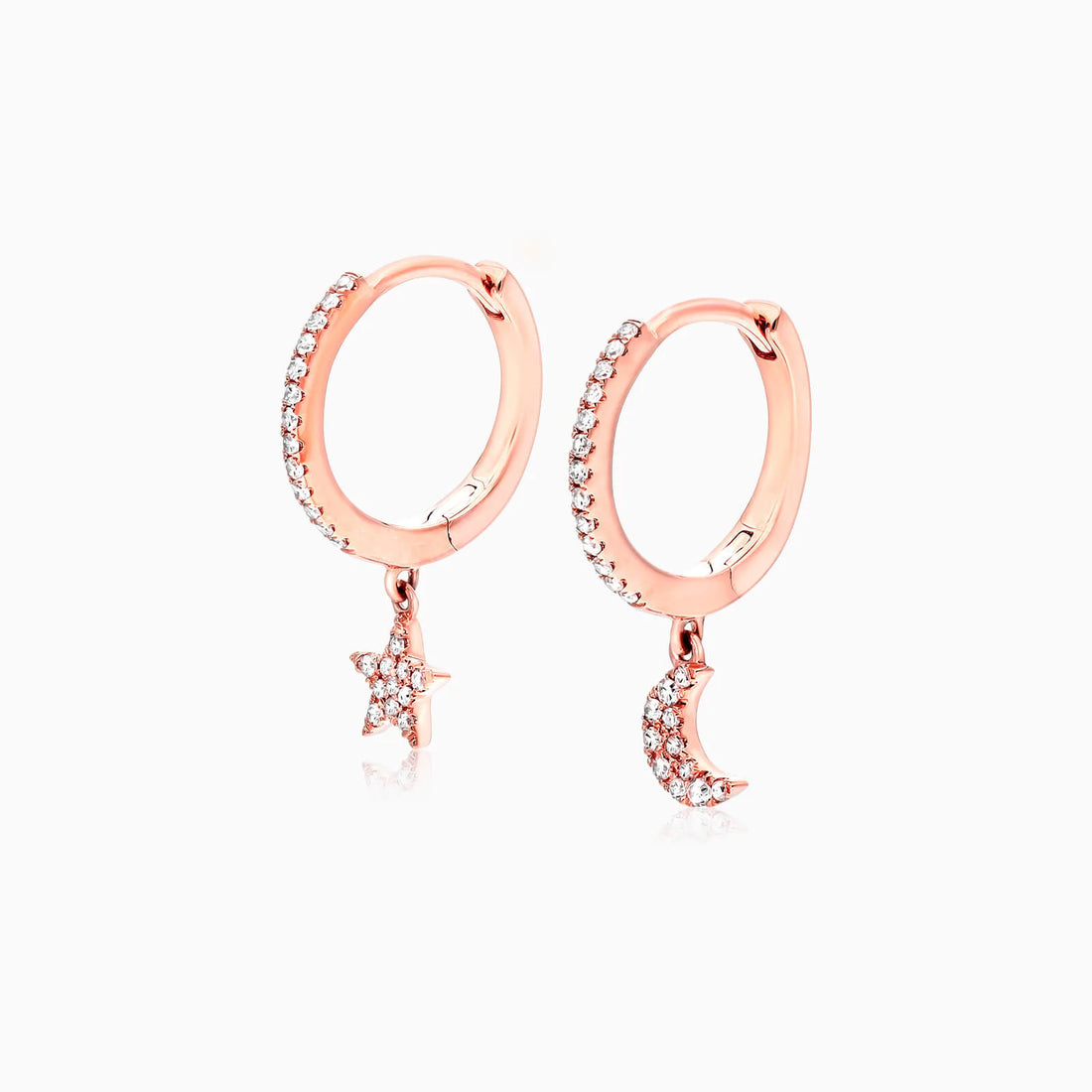Brinco de  Ouro 18k feminino  Diamantes Lua e estrela Luxo