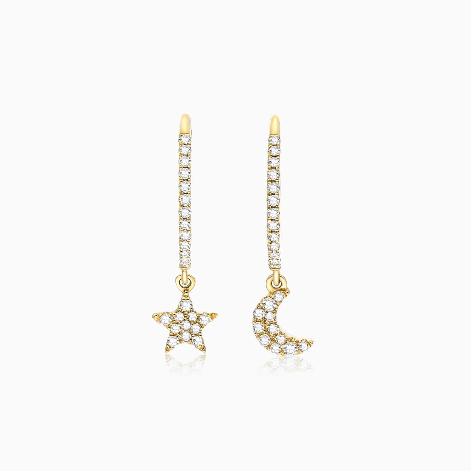 Brinco de  Ouro 18k feminino  Diamantes Lua e estrela Luxo