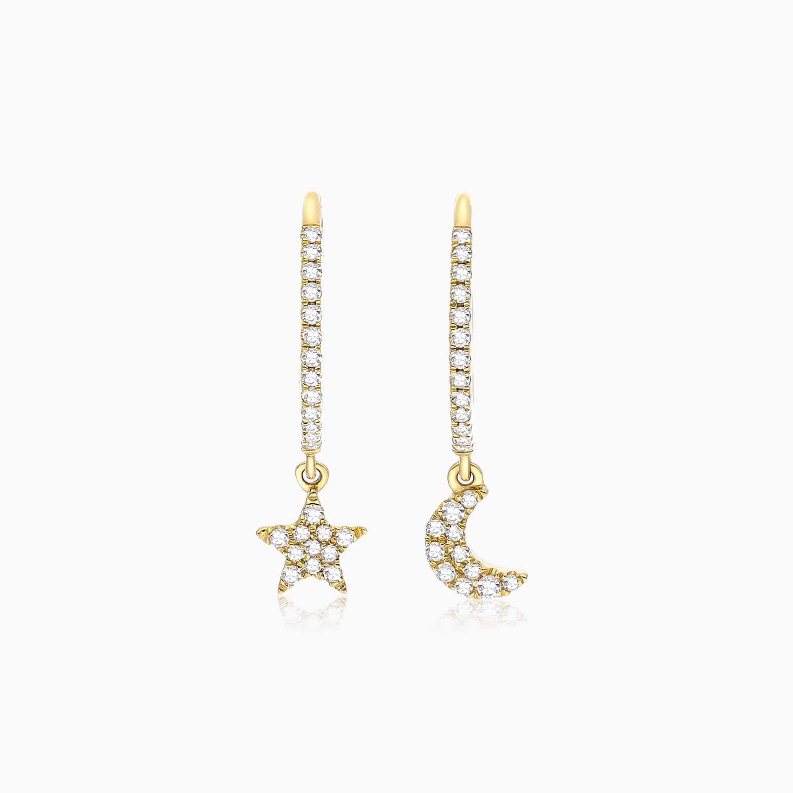 Brinco de  Ouro 18k feminino  Diamantes Lua e estrela Luxo