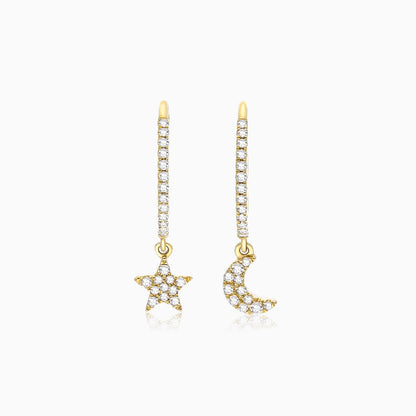 Brinco de  Ouro 18k feminino  Diamantes Lua e estrela Luxo