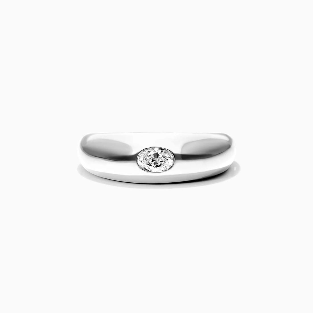 Anel De Ouro Branco 18k Cupula C/ Diamante Oval Solitario Delicado