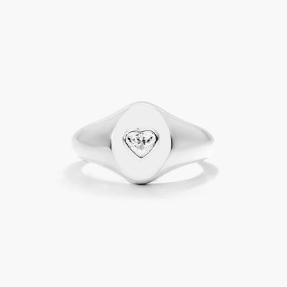 Anel Sinete c/ Coraçao de Diamante Brilhantes em Ouro 18k Luxo