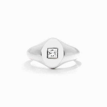 Anel Sinete De Ouro Branco 18k C/ Diamante Quadrado