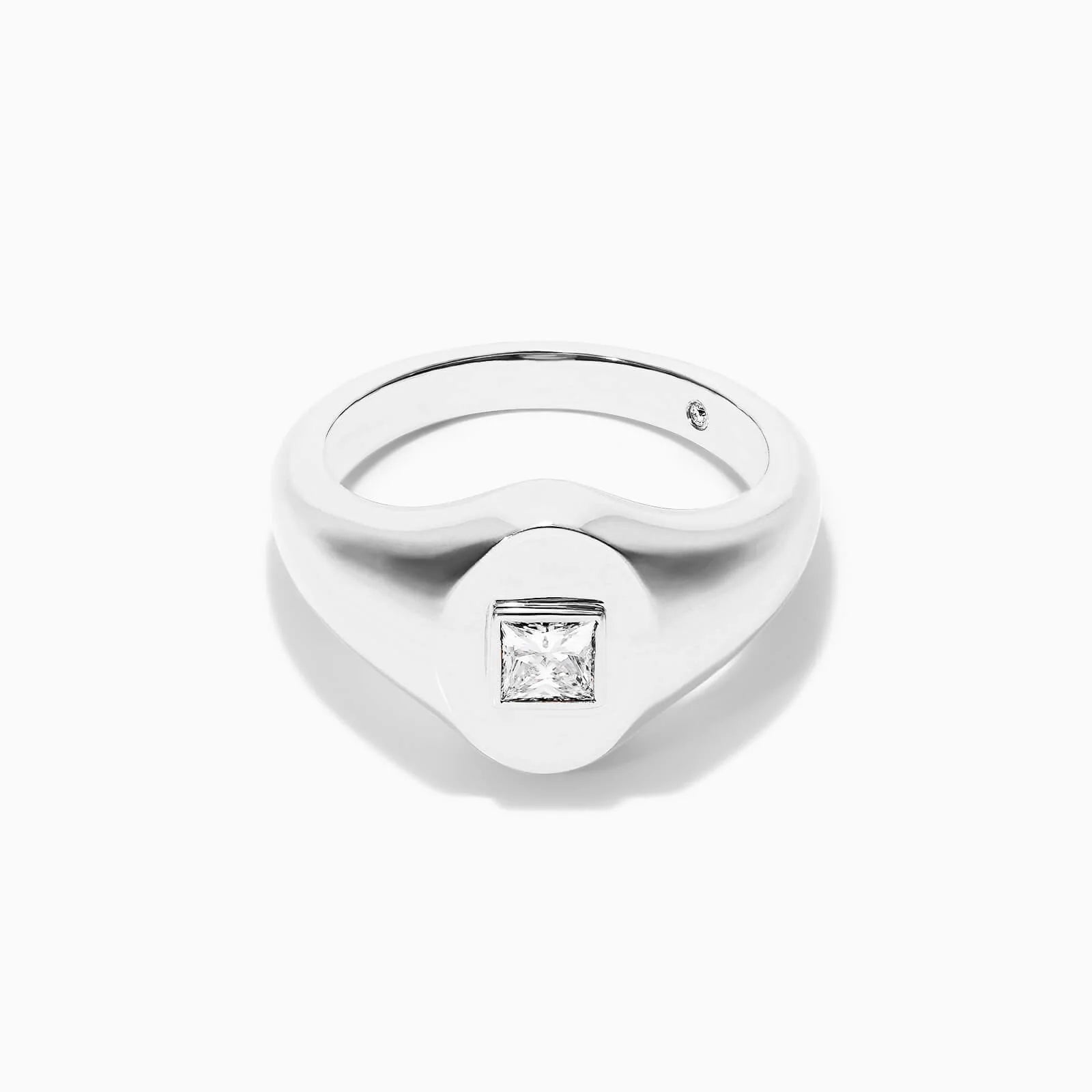Anel Sinete De Ouro Branco 18k C/ Diamante Quadrado
