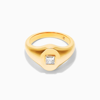 Anel Sinete De Ouro Amarelo 18k C/ Diamante Quadrado