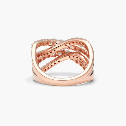 Anel De Ouro 18k e Fileiras De Ondas C/ Diamantes Brilhantes Luxo