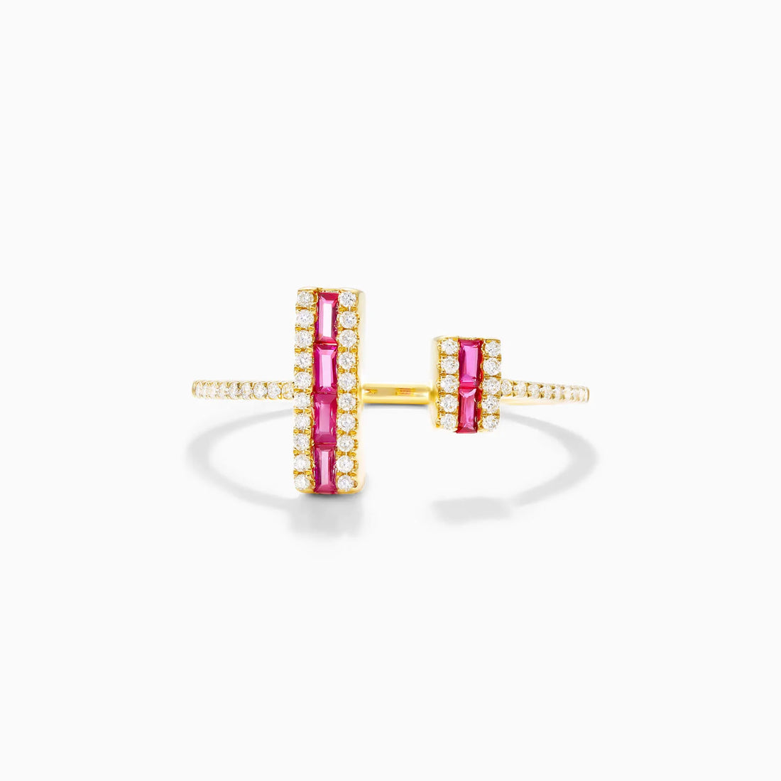 Anel De Ouro 18k Aberto C/ Rubi Baguette e Diamantes Brilhantes