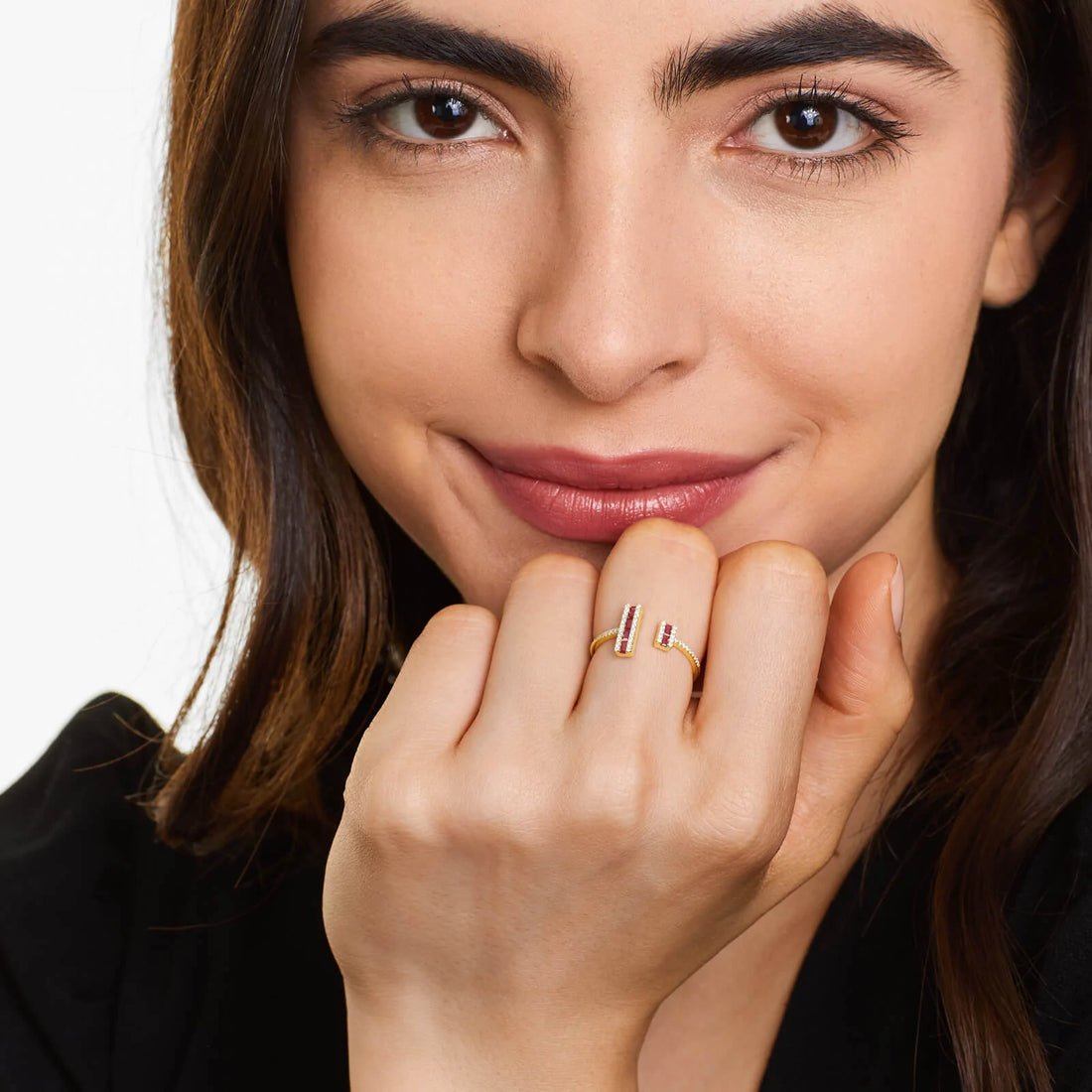 Anel De Ouro 18k Aberto C/ Rubi Baguette e Diamantes Brilhantes