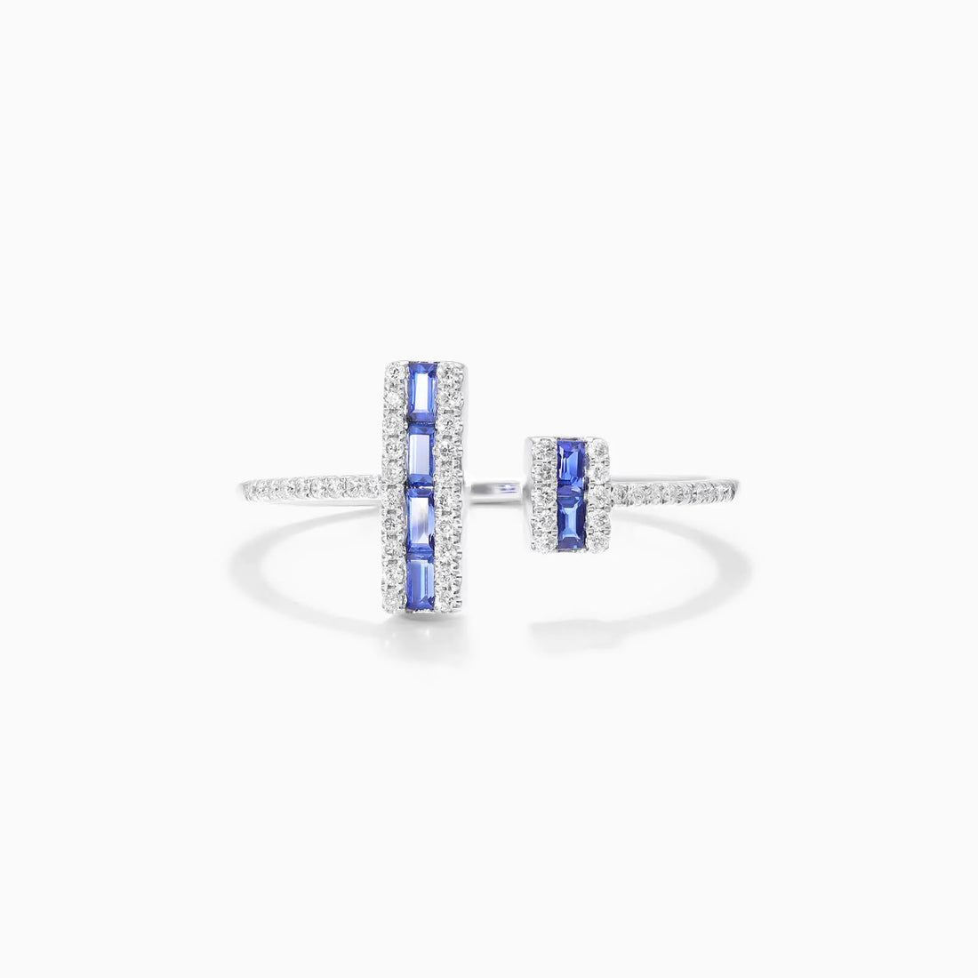 Anel De Ouro 18k Aberto C/ Safira Azul Baguette e Diamantes Brilhantes