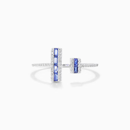 Anel De Ouro 18k Aberto C/ Safira Azul Baguette e Diamantes Brilhantes