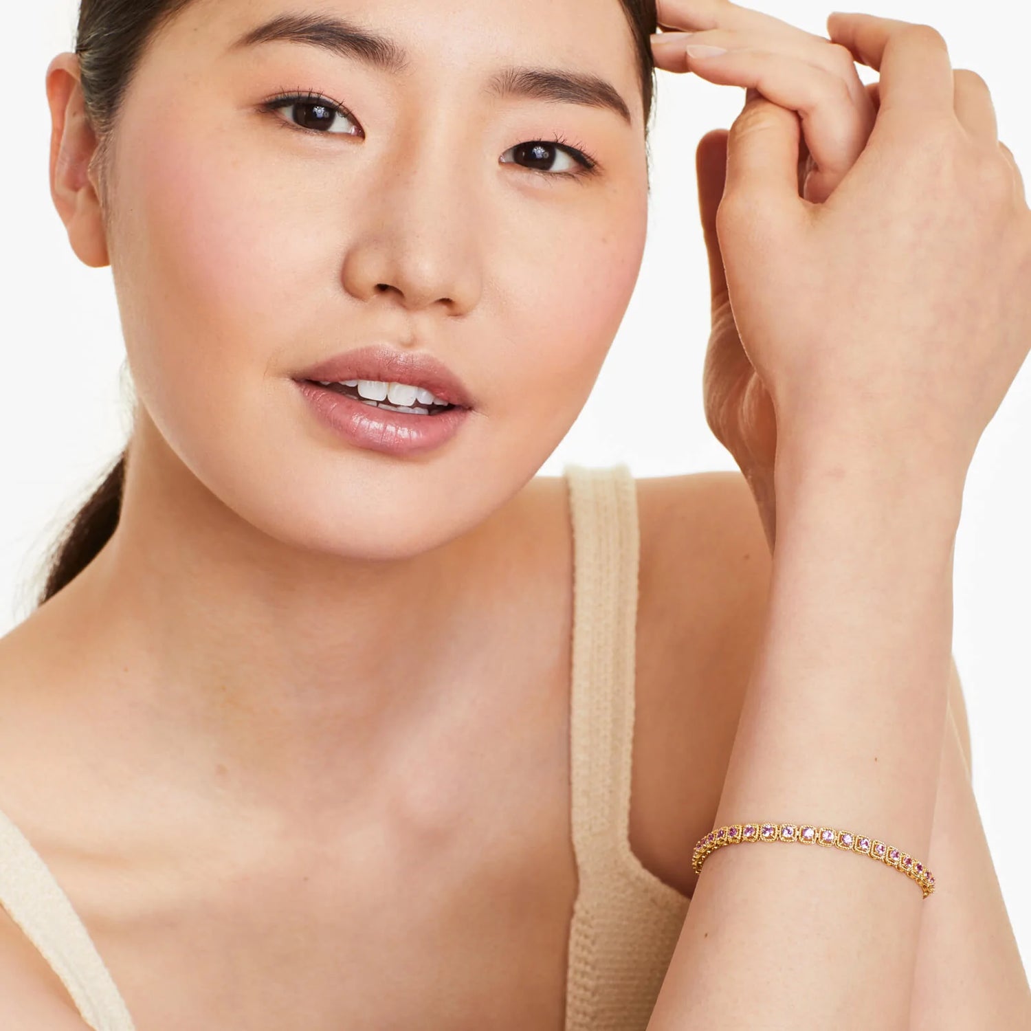 Pulseira Feminina de Ouro Amarelo 18k Riviera Halo de Safira Rosa