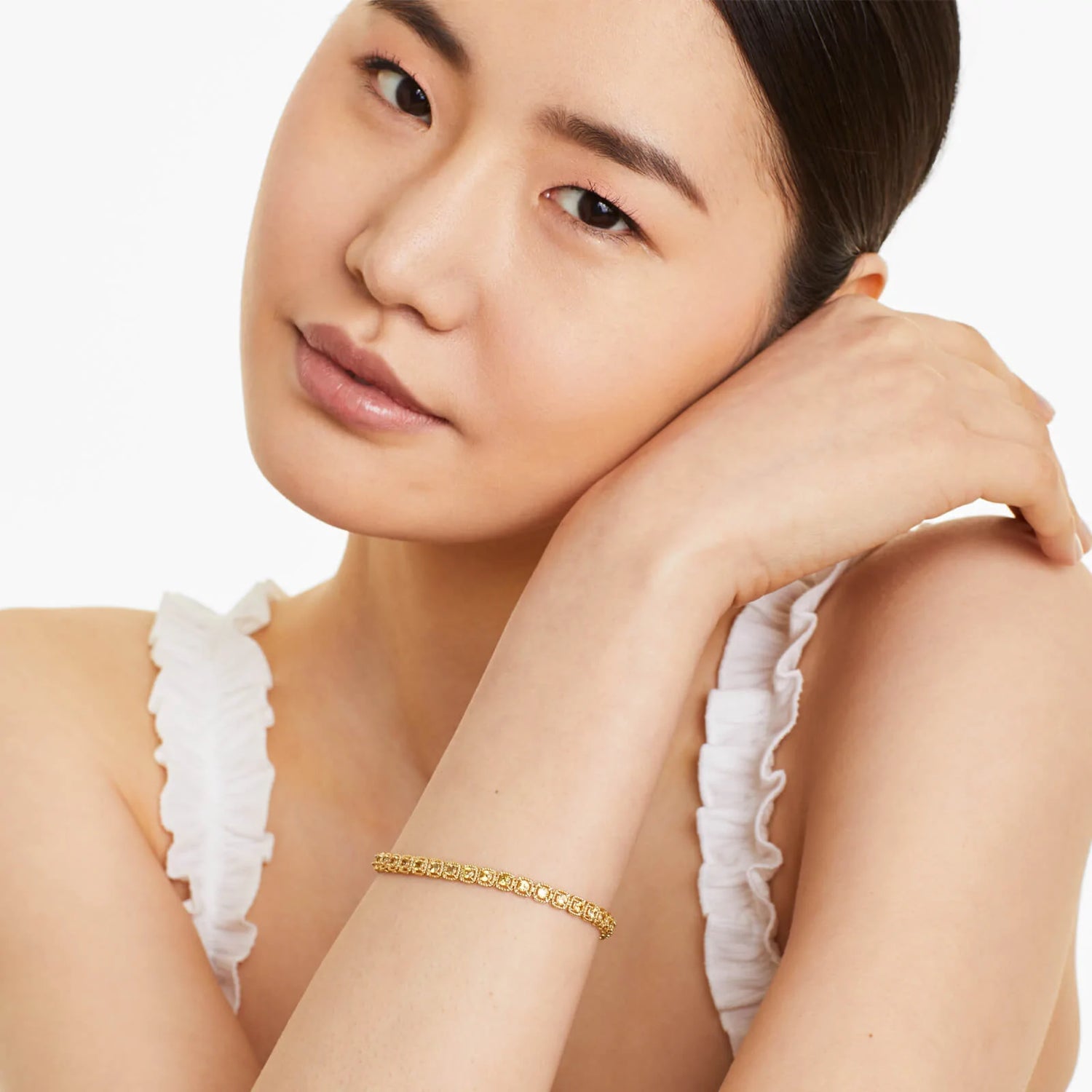 Pulseira Feminina de Ouro Amarelo 18k Riviera Halo de Safira Amarelo