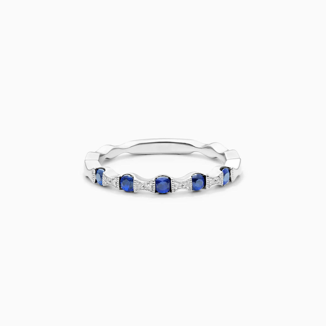 Anel De Ouro 18k Aparador Meia Aliança c/ Safira Azul e Diamantes Brilhantes