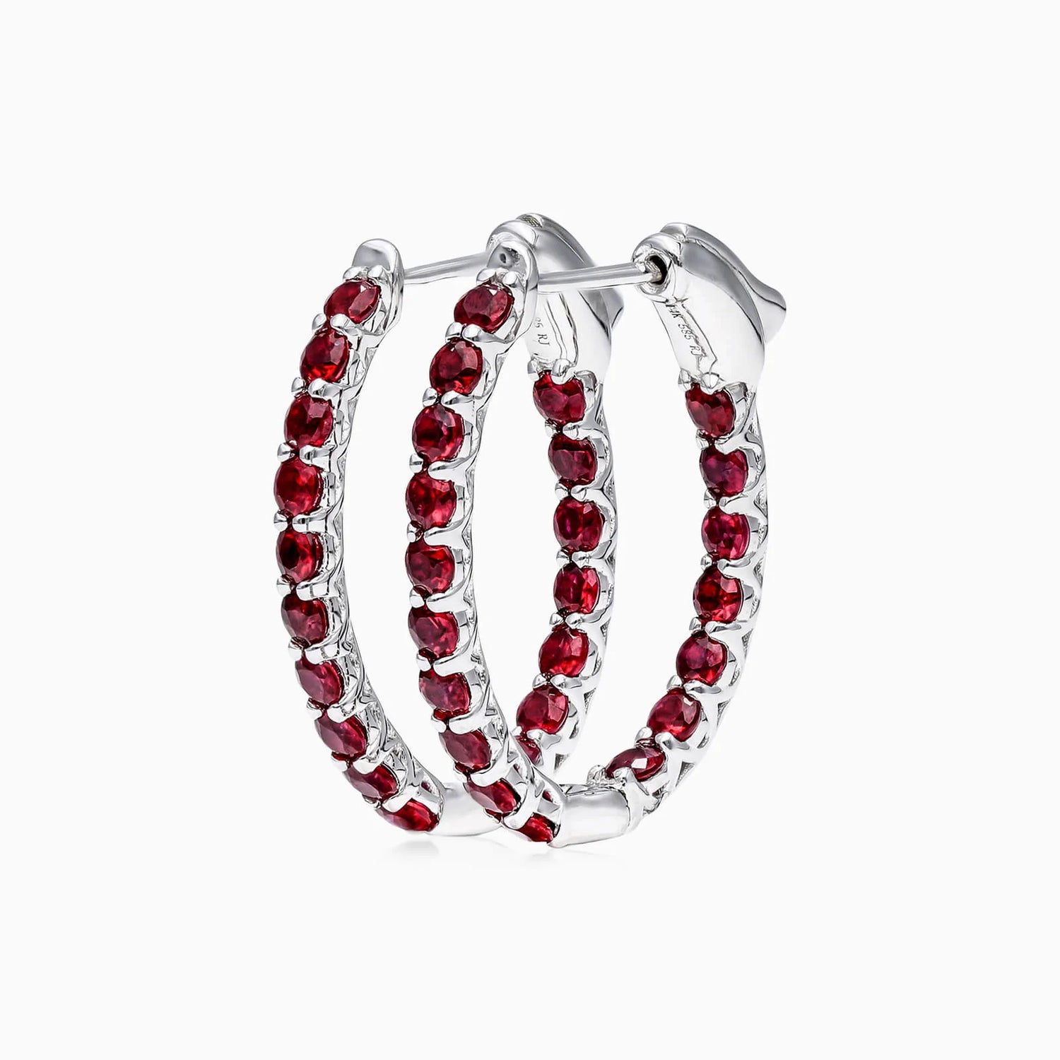 Brinco de Argola em Ouro Branco 18k e Rubi Redondos Luxo