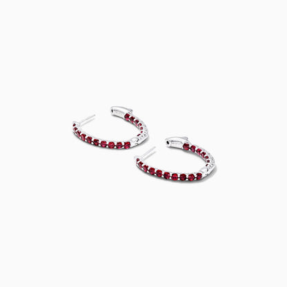 Brinco de Argola em Ouro Branco 18k e Rubi Redondos Luxo