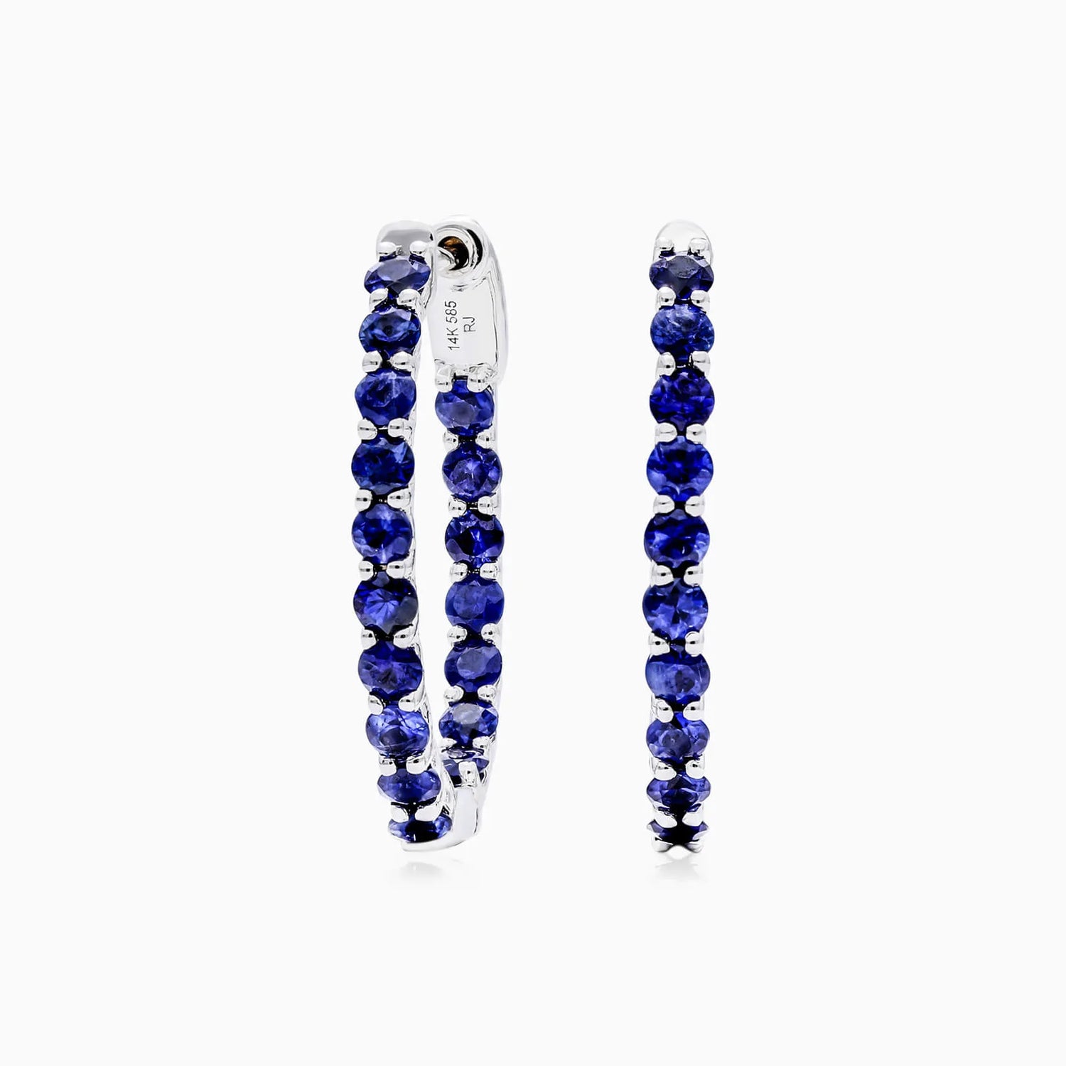 Brinco de Argola em Ouro Branco 18k e Safiras Redondas Azuis