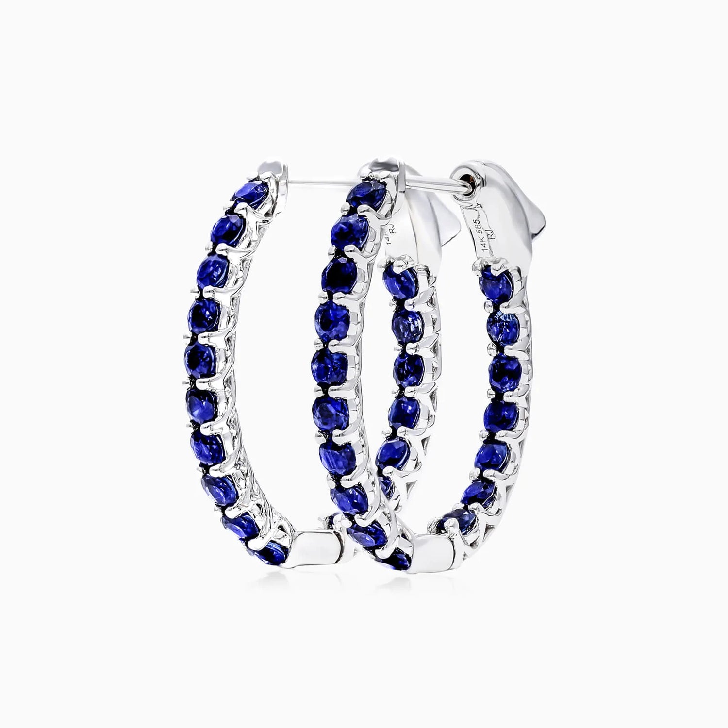 Brinco de Argola em Ouro Branco 18k e Safiras Redondas Azuis