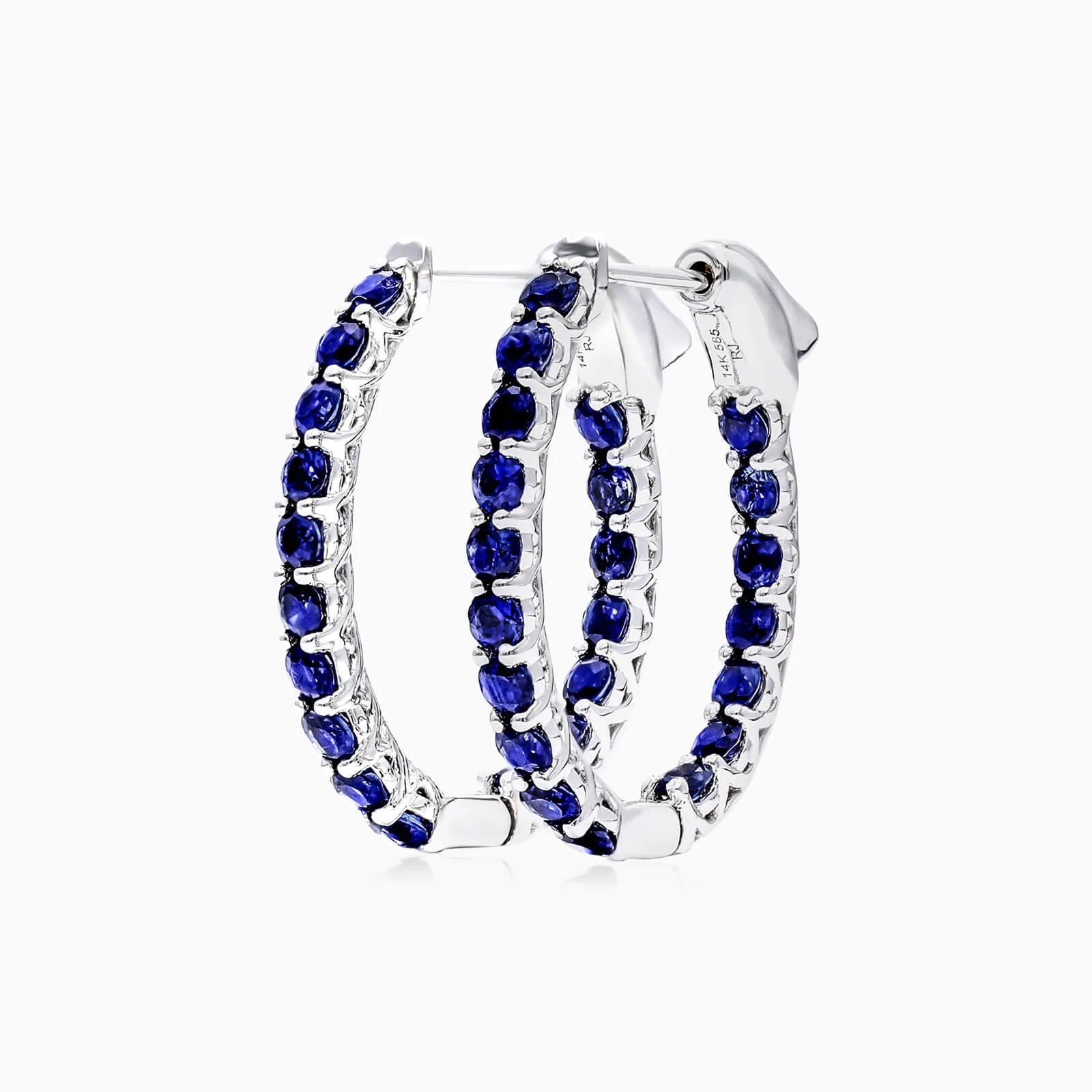 Brinco de Argola em Ouro Branco 18k e Safiras Redondas Azuis