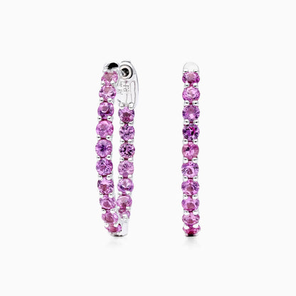 Brinco de Argola em Ouro Branco 18k e Safiras Rosa Luxo