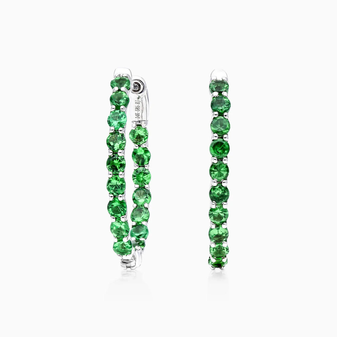 Brinco de Argola em Ouro Branco 18k e Esmeraldas Redondas Luxo