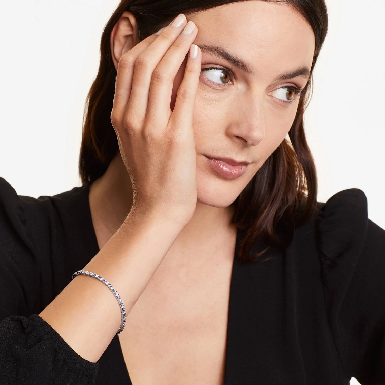Pulseira Riviera Feminina Alternada de Ouro 18k Diamantes e Safira
