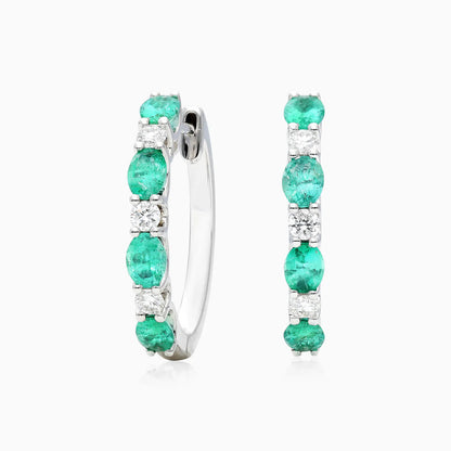 Brinco De Ouro Branco 18k Argola Alternada de Esmeraldas e Diamantes