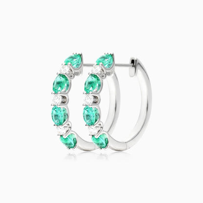 Brinco De Ouro Branco 18k Argola Alternada de Esmeraldas e Diamantes