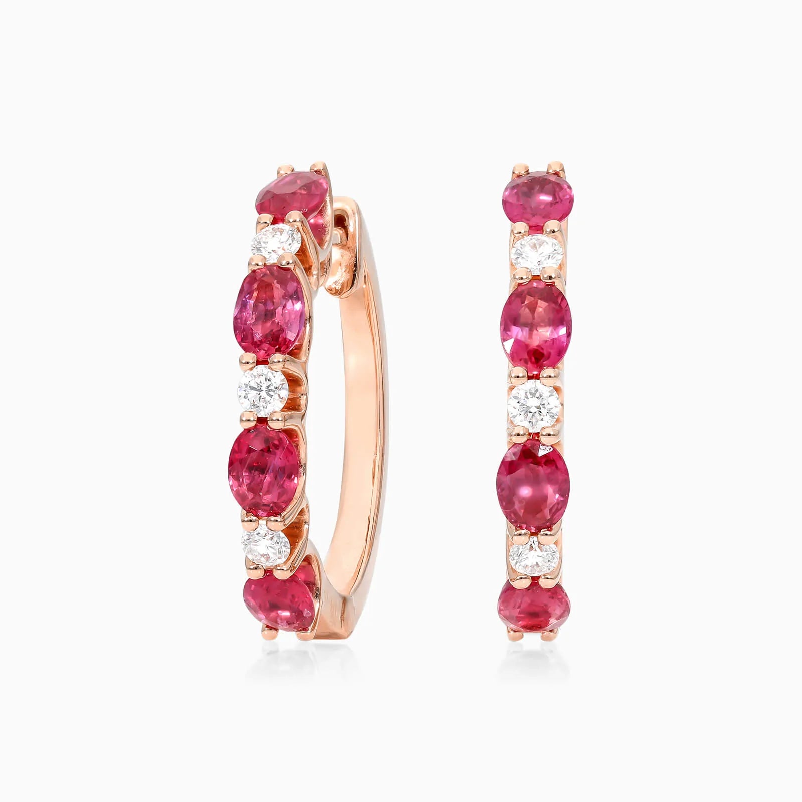 Brinco De Ouro Rosa 18k Argola Alternada de Rubis e Diamantes