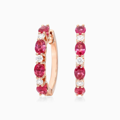 Brinco De Ouro Rosa 18k Argola Alternada de Rubis e Diamantes