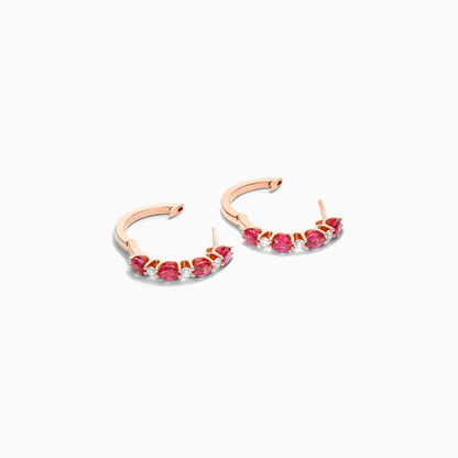 Brinco De Ouro Rosa 18k Argola Alternada de Rubis e Diamantes