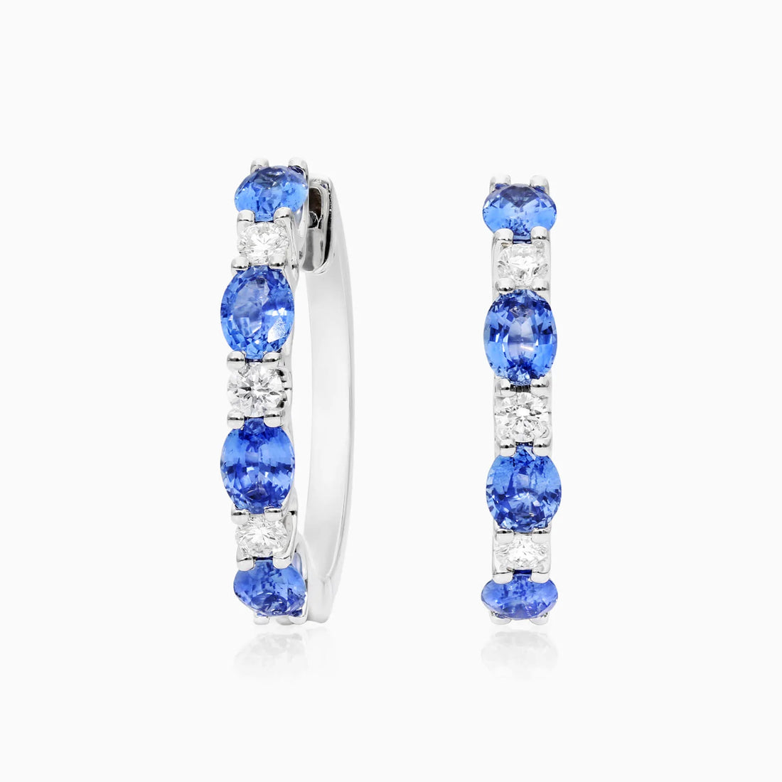 Brinco De Ouro Branco 18k Argola Alternada de Safira Azul e Diamantes