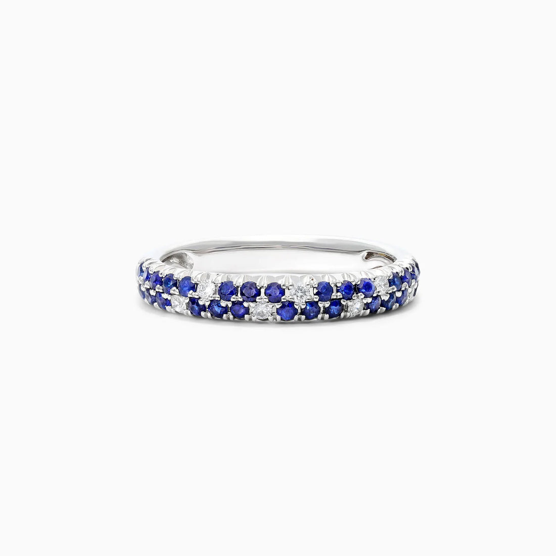 Anel De Ouro Branco 18k Fileira Dupla de Diamantes e Safira Azul