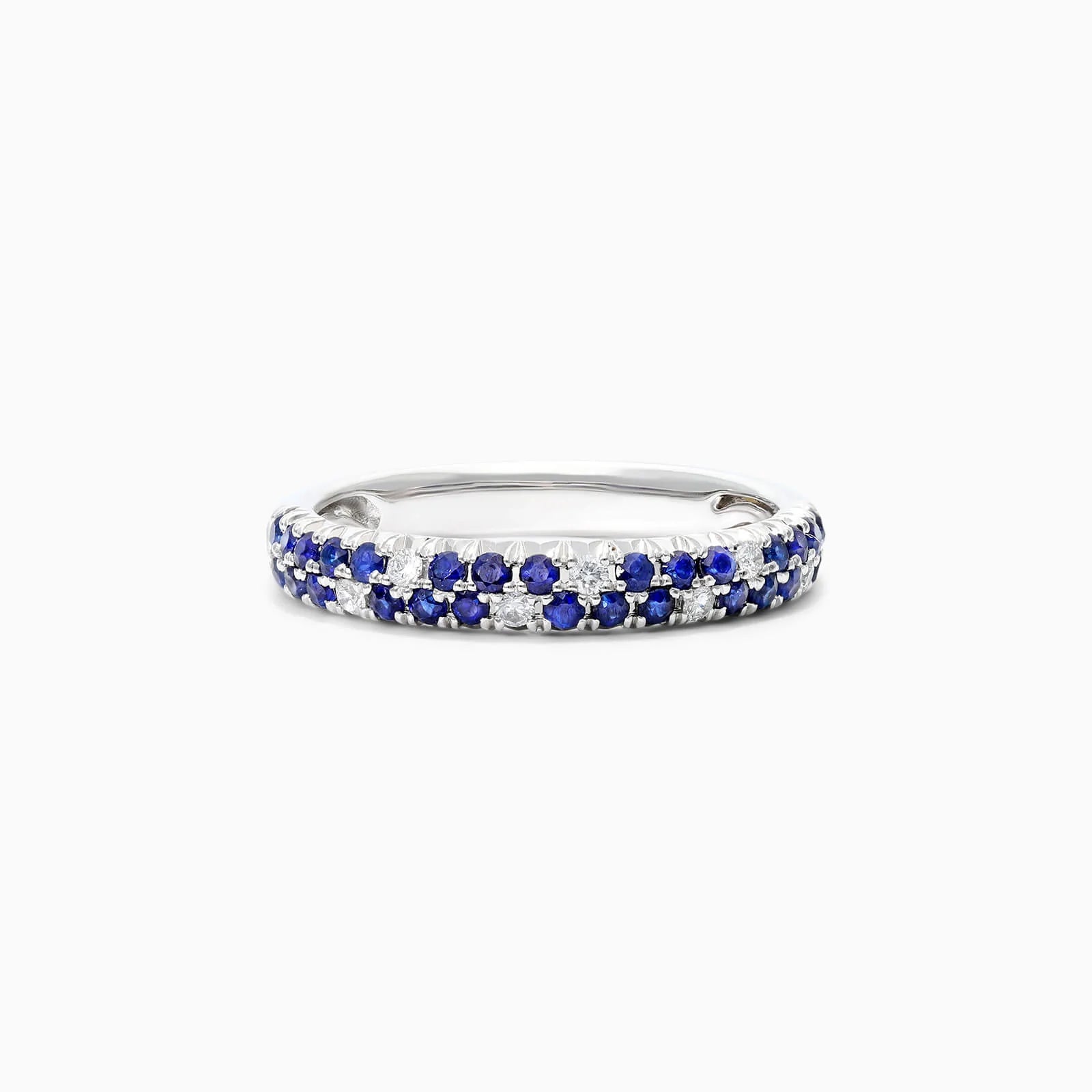 Anel De Ouro Branco 18k Fileira Dupla de Diamantes e Safira Azul