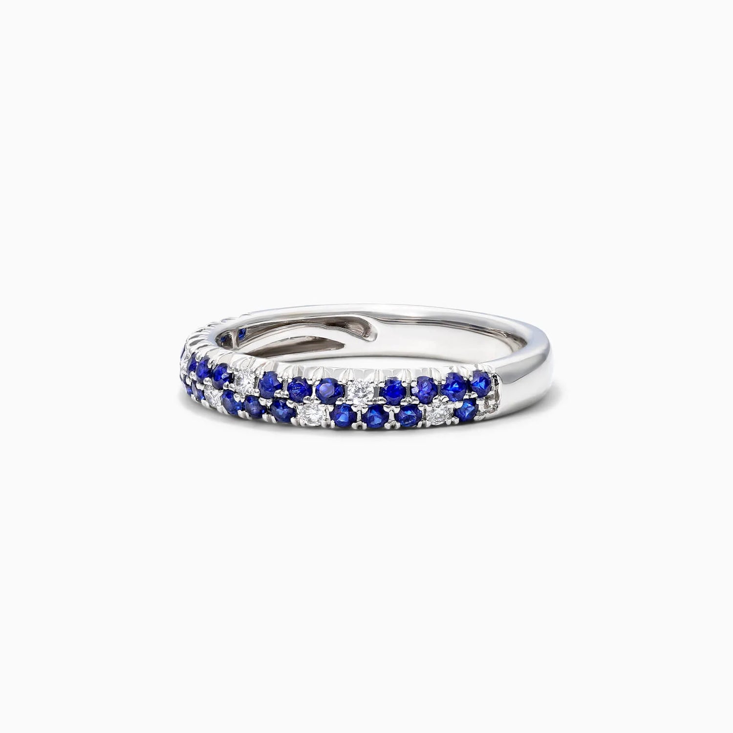 Anel De Ouro Branco 18k Fileira Dupla de Diamantes e Safira Azul