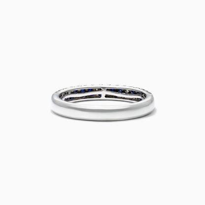 Anel De Ouro Branco 18k Fileira Dupla de Diamantes e Safira Azul