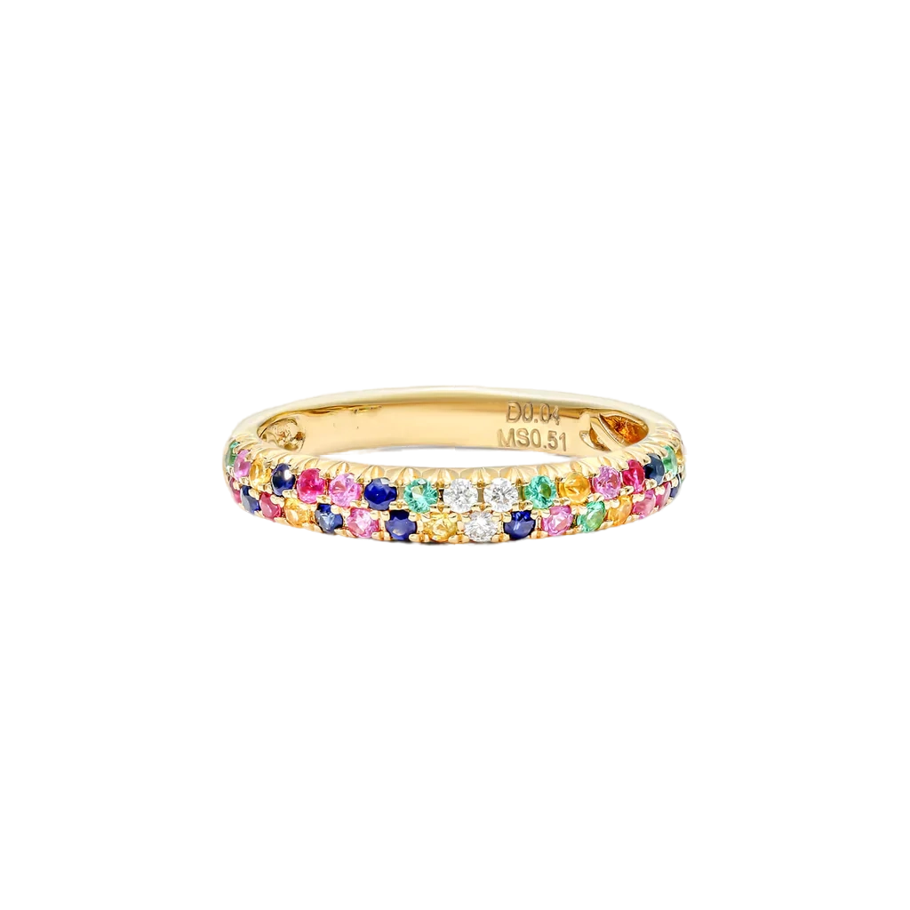 Anel  aparador De Ouro Amarelo 18k Fileira Dupla de Safiras Coloridas