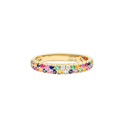 Anel  aparador De Ouro Amarelo 18k Fileira Dupla de Safiras Coloridas